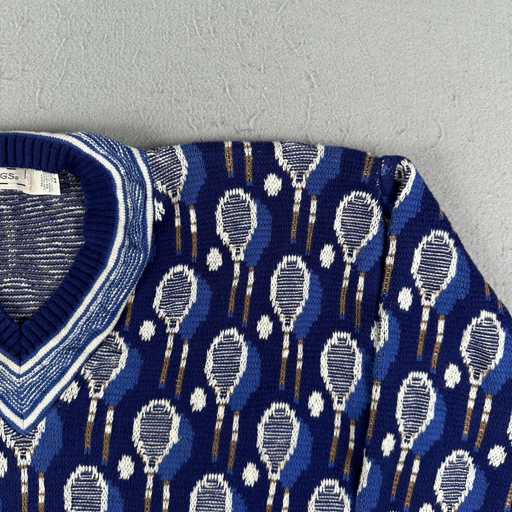 Vintage Tennis Sweater Men's Medium Blue AOP Racket V Neck Knit Pullover - Picture 5 of 16